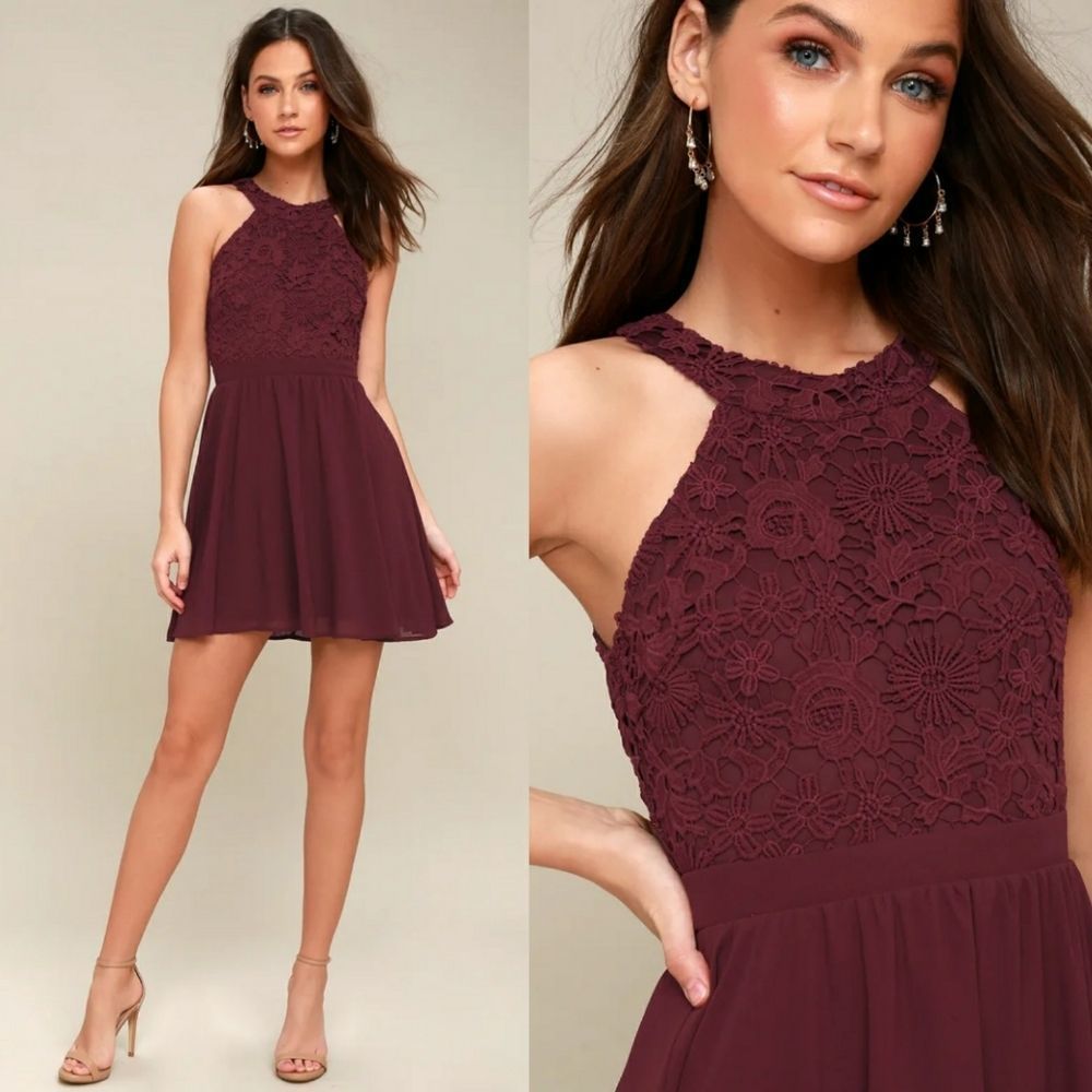 LULUS Burgundy Lovers Game Lace Skater Halter Dress Size Extra Small